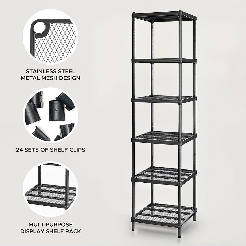 Design Ideas Meshworks 6 Tier Tower Metal Storage Shelving Unit Rack， Black