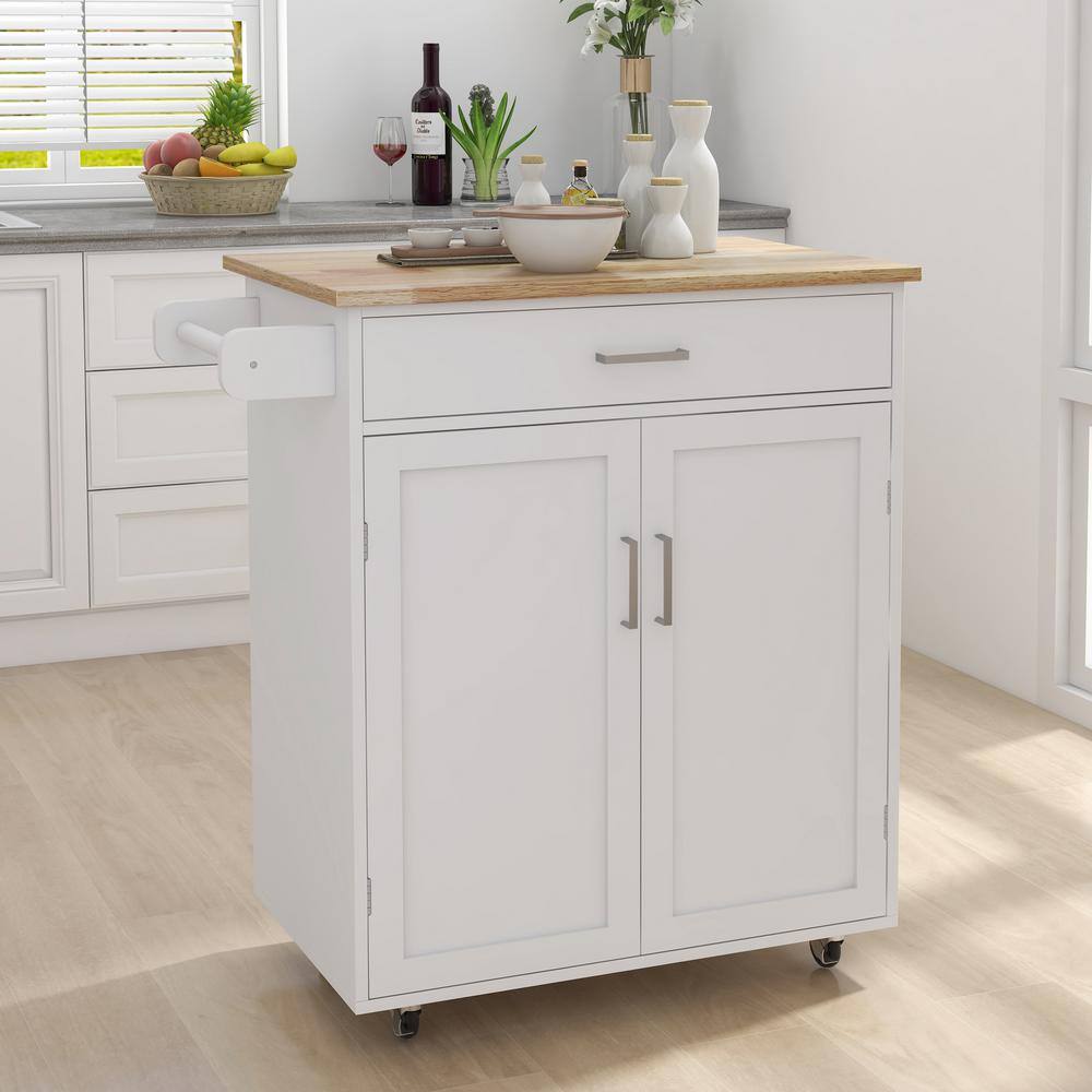 Modern White Kitchen Island Rolling Trolley Cart with Brakes Towel Rack and Rubber Wood Table Top Alloy Door Handle ZY-W28235386