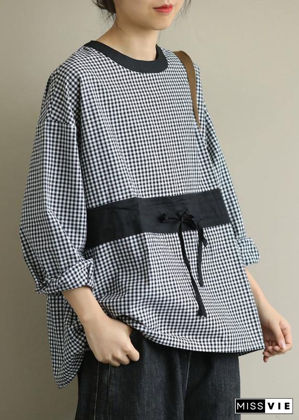 Elegant o neck tie waist fall Blouse Wardrobes black plaid shirt