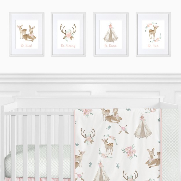 Sweet Jojo Designs Girl Unframed Wall Art Prints For D cor Deer Floral Pink Green And White 4pc