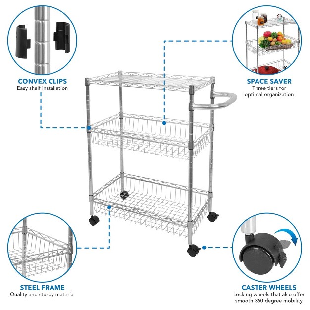 Mount it Mesh Wire Rolling Cart 3 tier Multi function Metal Trolley For Kitchen Storage And Organization With Lockable Wheels And Handle Silver