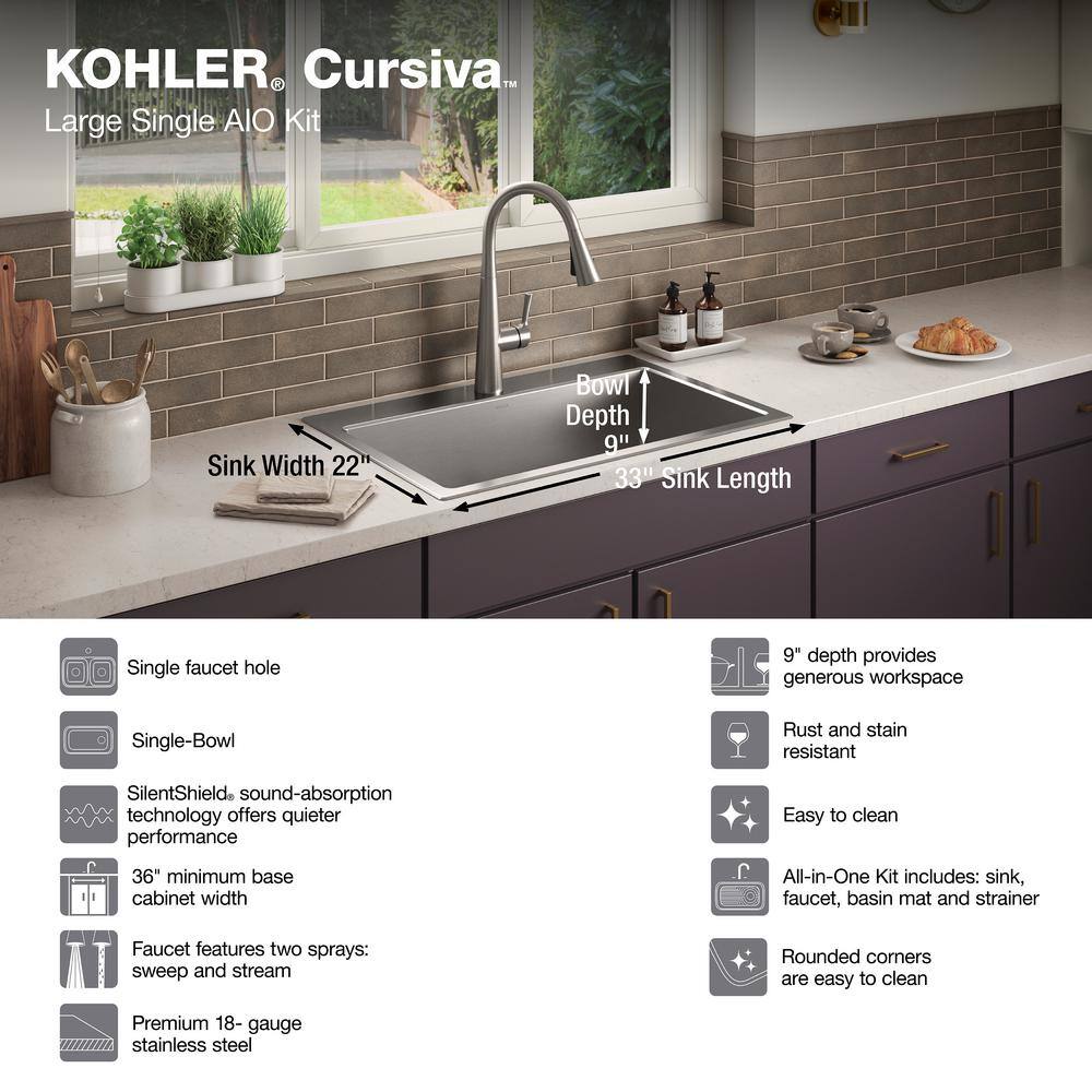 KOHLER Cursiva All-in-One Stainless Steel 33 in. Single Bowl Drop-In or Undermount Kitchen Sink with Faucet K-RH28174-1PC-NA