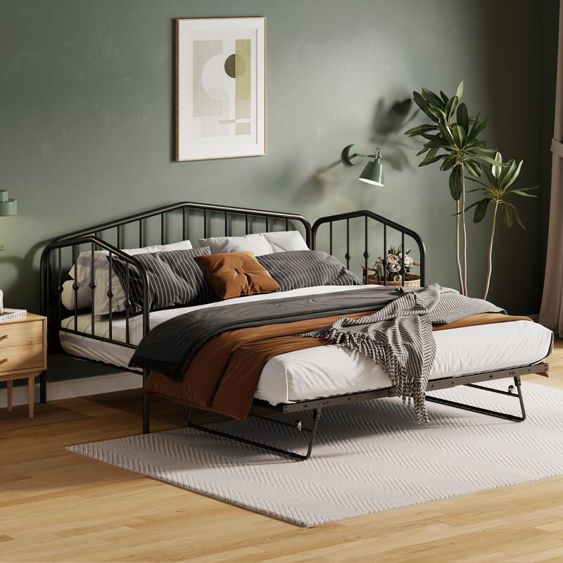 Twin Size Metal Daybed with Twin Size Adjustable Trundle  Portable Folding Trundle 2 Colors