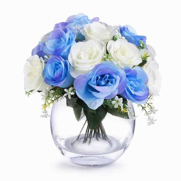 Enova Home Artificial Mixed Fake Open Roses Silk Flowers Arrangement in Clear Glass Vase with Faux Waterfor Home Wedding Decor