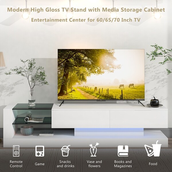 70''W Living Room High Gloss Floor TV Stand RGB LED Light for 75 Inch TV