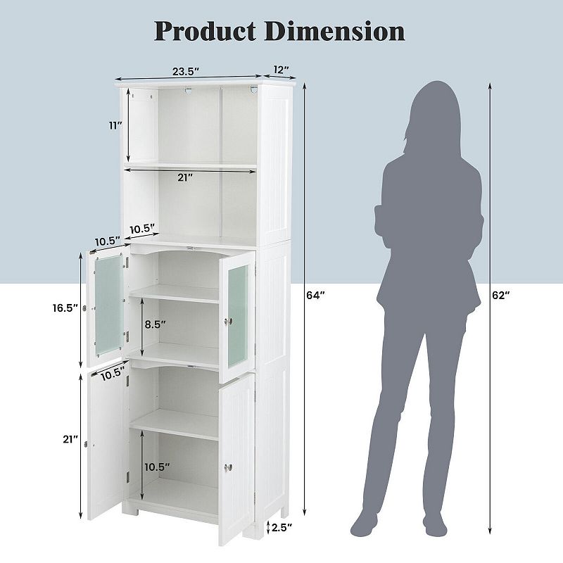 6-Tier Freestanding Bathroom Cabinet with 2 Open Compartments and Adjustable Shelves