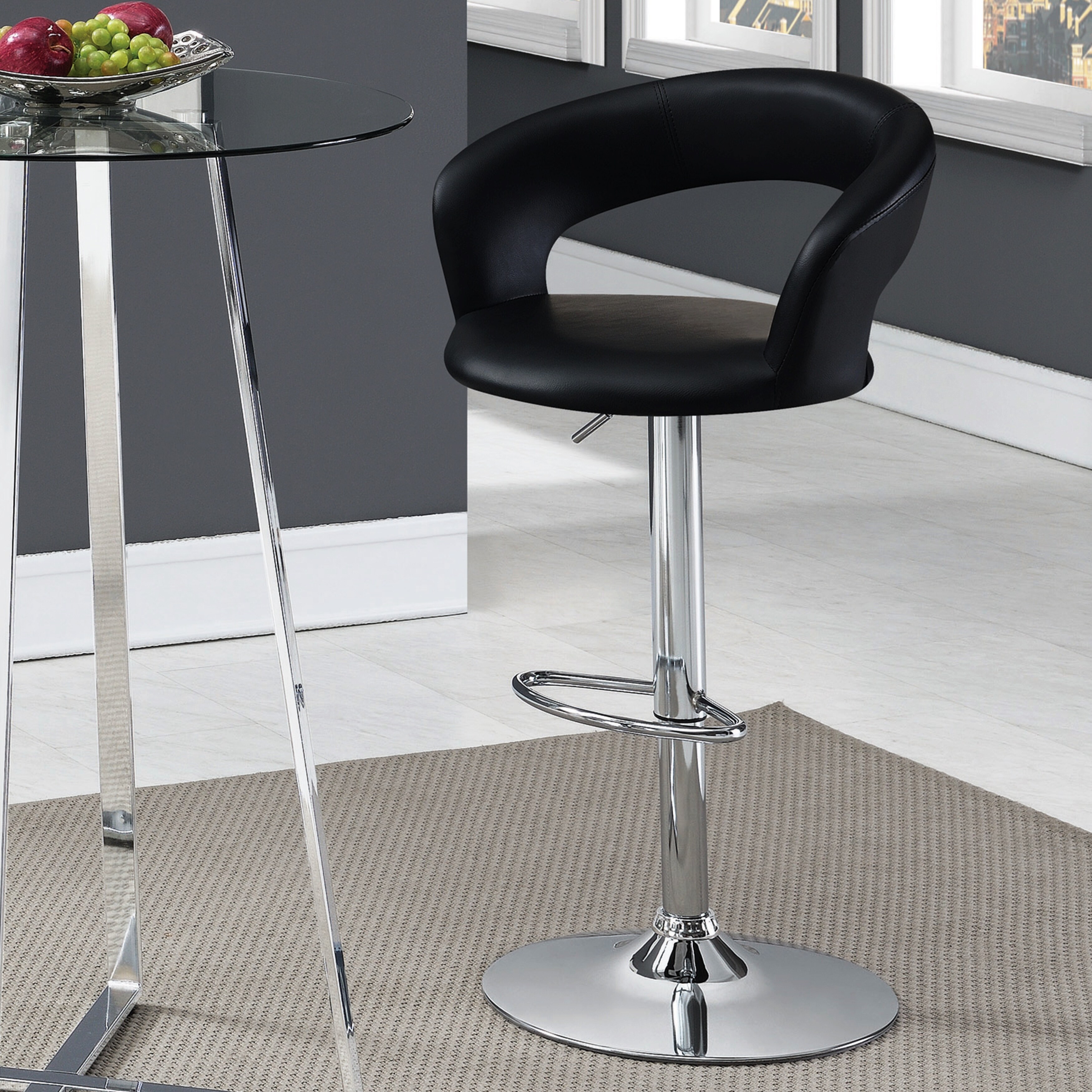 Modern Black Open Back Swivel Stool with Adjustable Chrome Pedestal