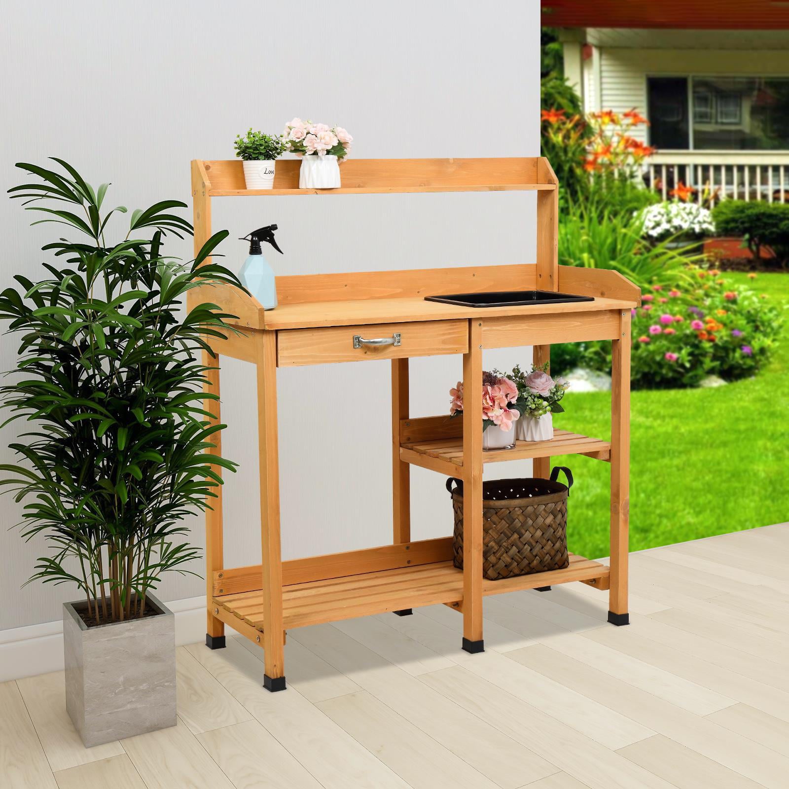 Zimtown Beige Fir Potting Bench Garden Workbench w/ Drawers and Sink