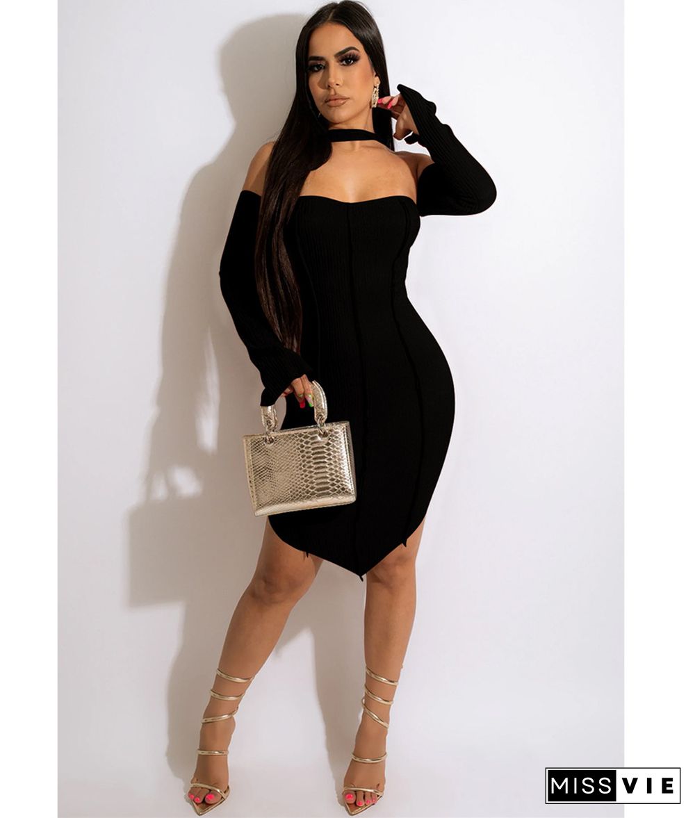 Off Shoulder Long Sleeve Halter Backless Sexy Dress