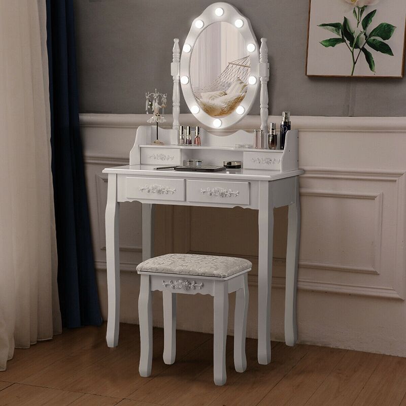 Makeup Vanity Dressing Table Set with Dimmable Bulbs Cushioned Stool