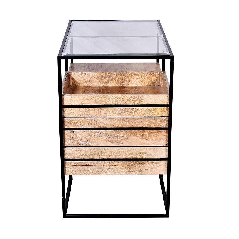 35 Inch Handcrafted Modern Glass Table， Storage Shelves， 3 Drawers， Metal Frame， Natural Brown and Black