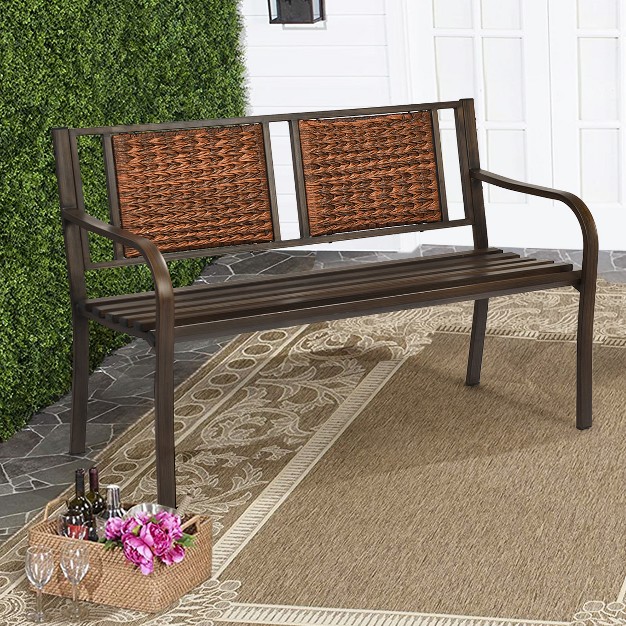 Tangkula Patio Garden Bench Rattan Backrest Park Bench Heavy duty Metal Chair Seat