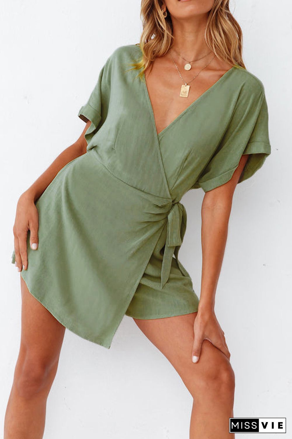 Plain Wrap V Neck Side Sash Romper