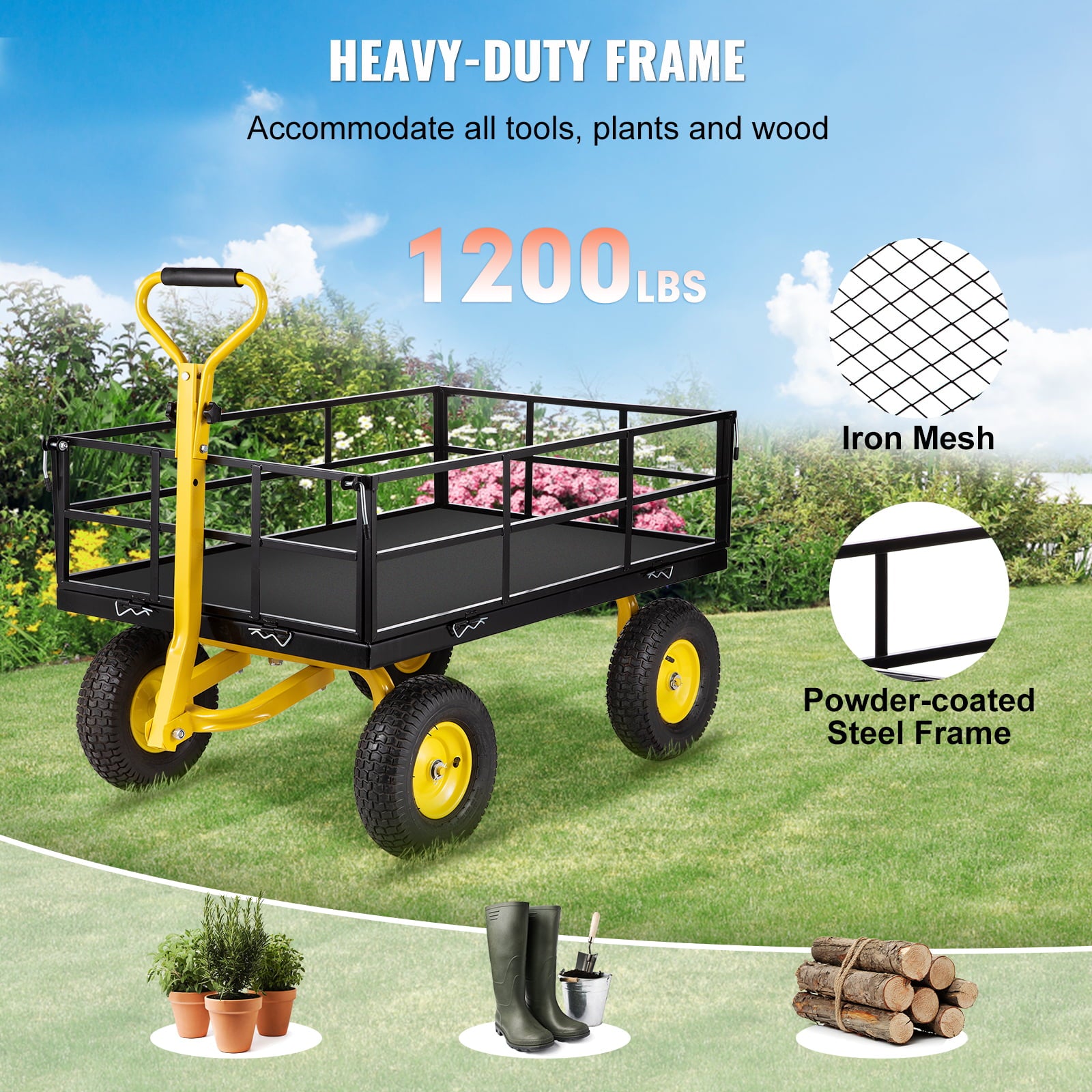 BENTISIM Steel Garden Cart, Heavy Duty 1200 lbs Capacity, with Removable Mesh Sides to Convert into Flatbed, Utility Metal Wagon with 2-in-1 Handle and 13 in Tires, Perfect for Garden, Farm, Yard