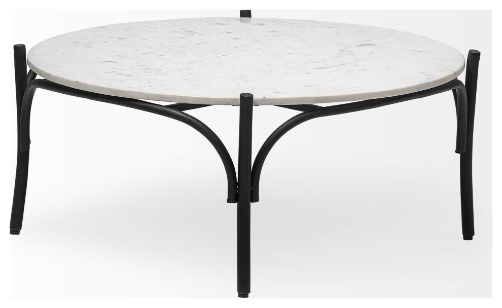 HomeRoots 36 quotRound White Marble Top Black and Metal Base Coffee Table   Transitional   Coffee Tables   by UStradeENT LLC  Houzz