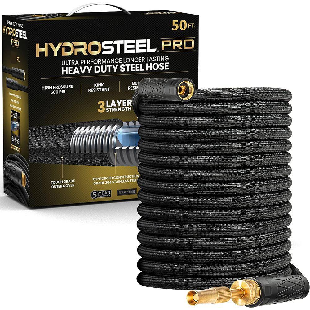 HydroSteel Pro 50 ft. Heavy-Duty Flexible Lightweight 304 Stainless Steel Metal Water Hose with Brass Nozzle 8586