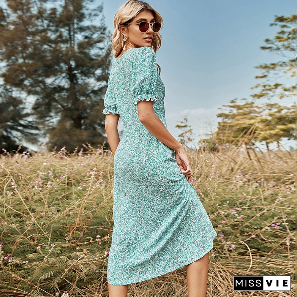 Holiday V-neck Ruffle Sleeves Button Wrap Summer Print Long Green Dress Women Floral Short Sleeve Dresses Beach Maxi Vestidos