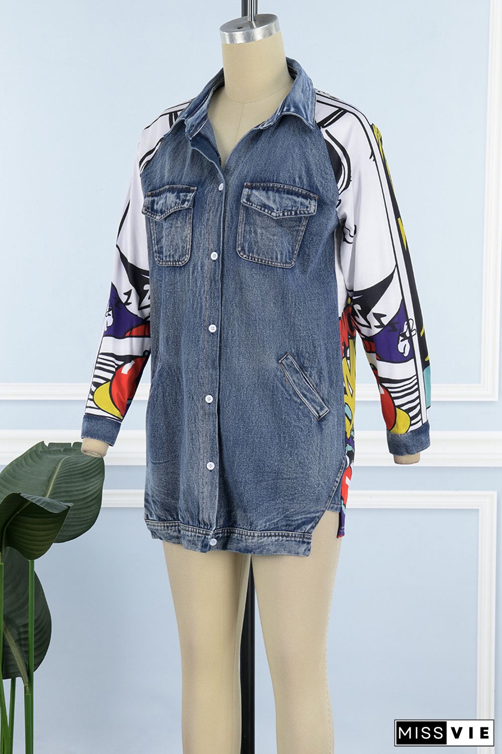 The cowboy blue Casual Print Patchwork Turndown Collar Long Sleeve Regular Denim Jacket