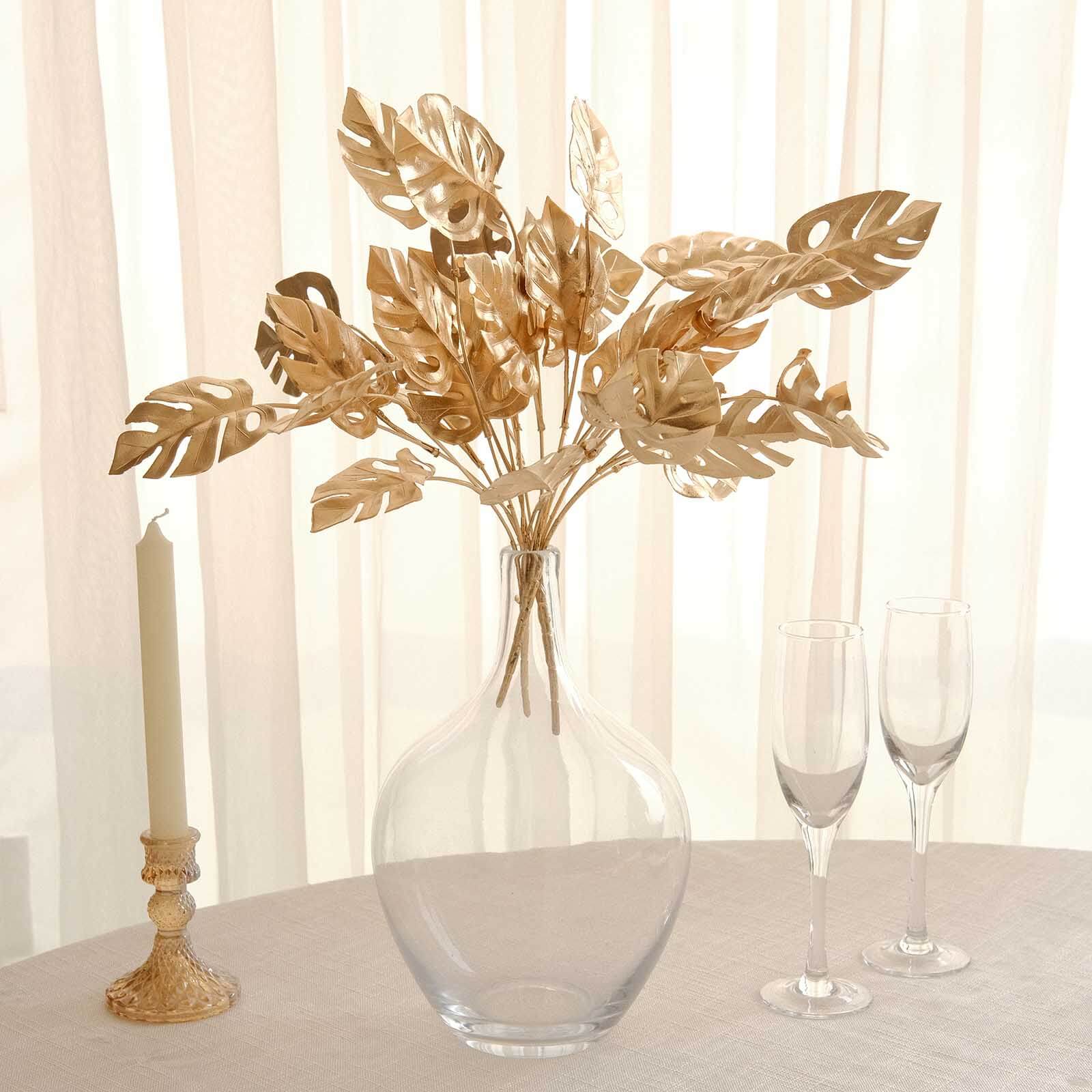 4 Pack Metallic Gold Artificial Monstera Leaves Bushes, Tropical Palm Leaf Bunches Vase Fillers - 14