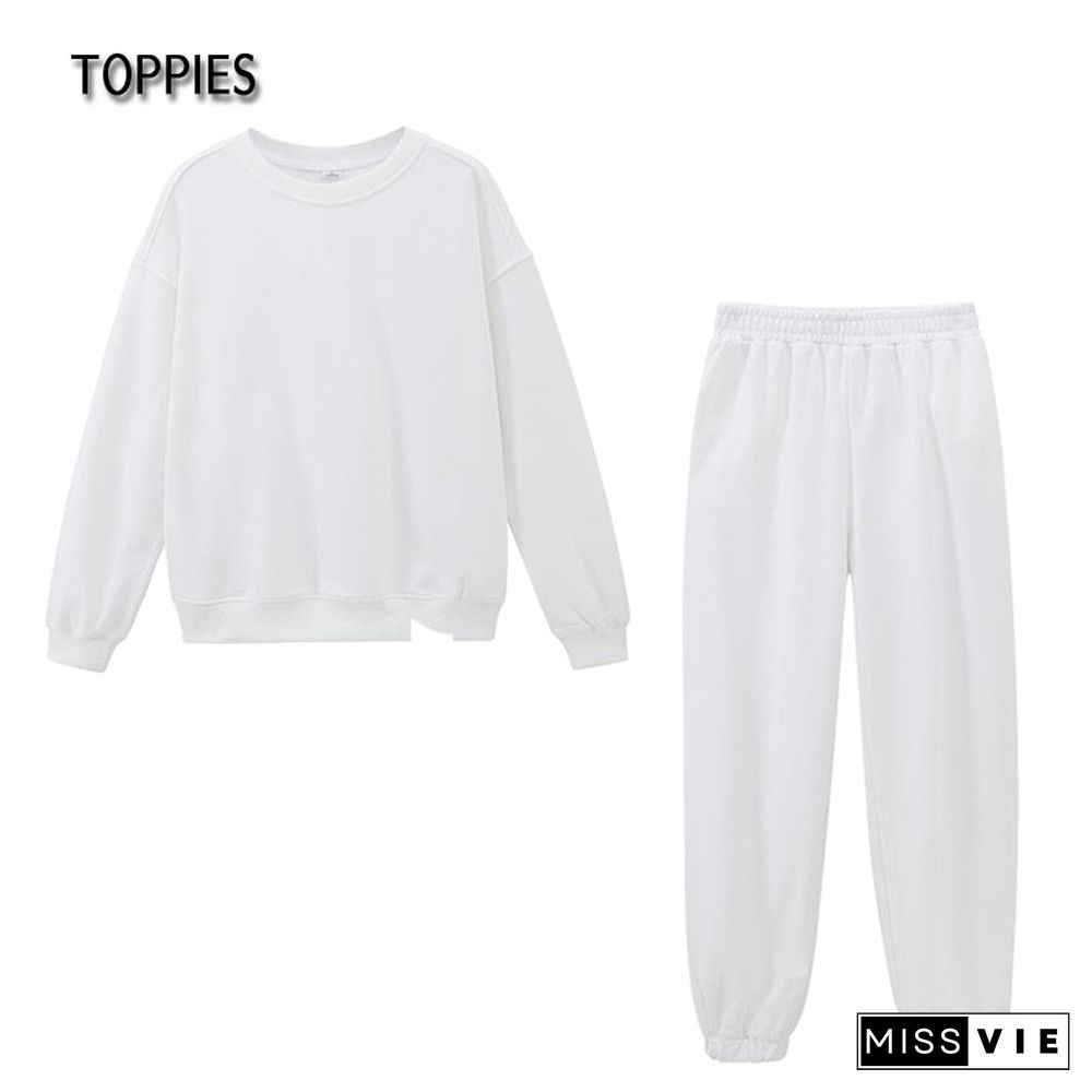 Toppies Casual Oversized Two Piece set woman Suit Female Tracksuit Pant O-neck Sweatshirts White Sweatpants