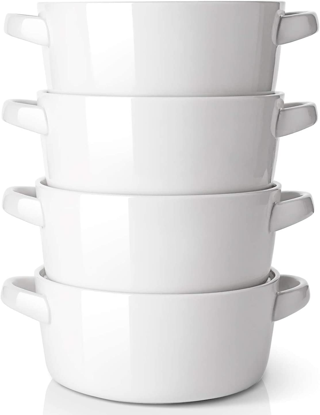 DOWAN Soup Bowls with Handles， 24 ounces Ceramic Serving Soup Bowl Set for kitchen，  Large Stackable Handled Bowls Set of 4， White