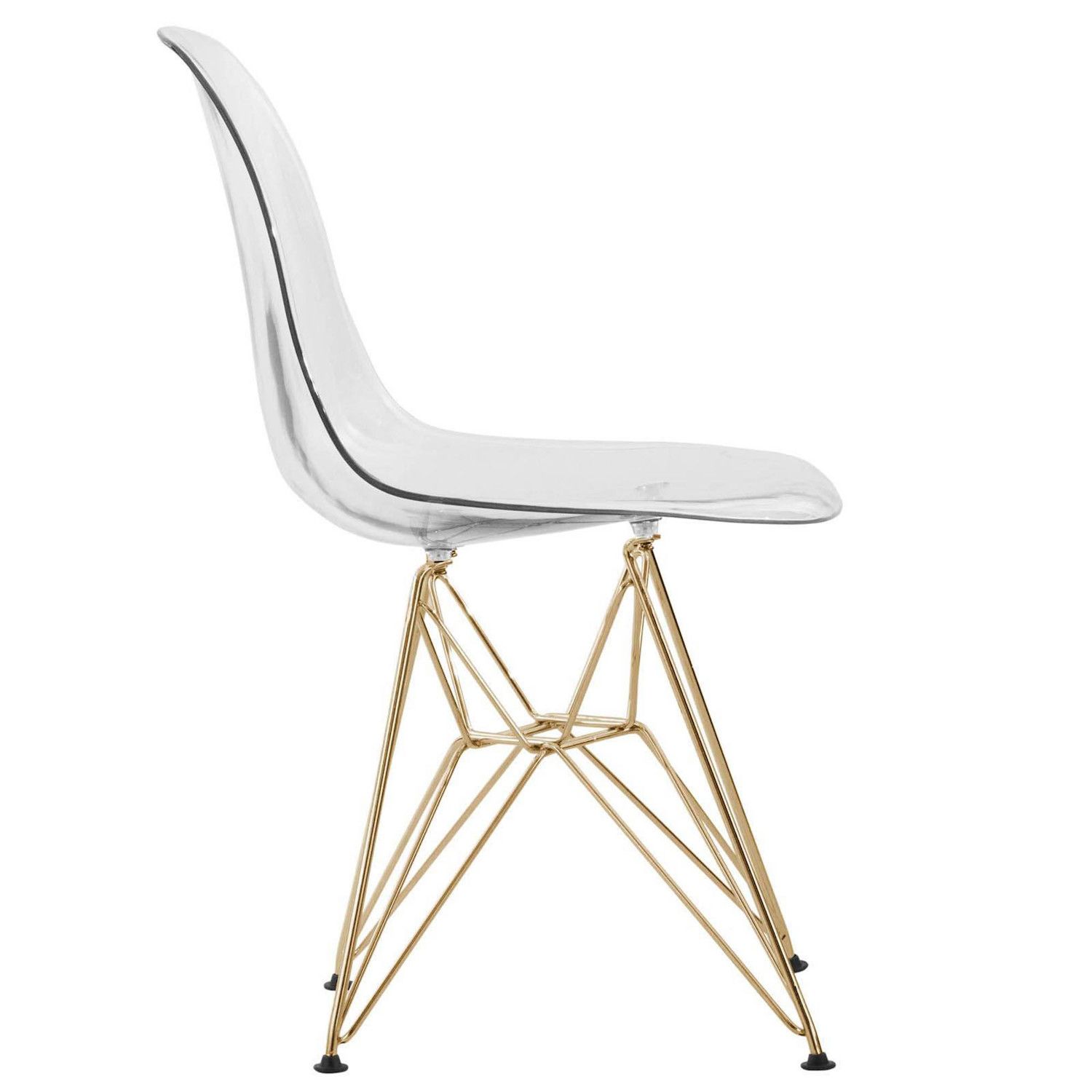 LeisureMod Cresco Molded Eiffel Side Chair with Gold Base， Set of 2 - Clear