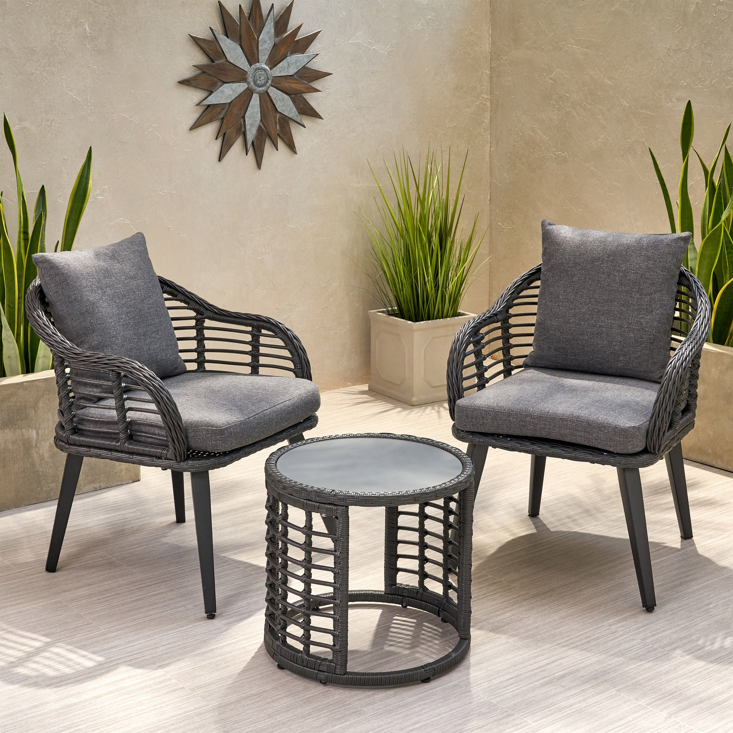 Evvy Outdoor Modern Boho 2 Seater Wicker Chat Set with Side Table