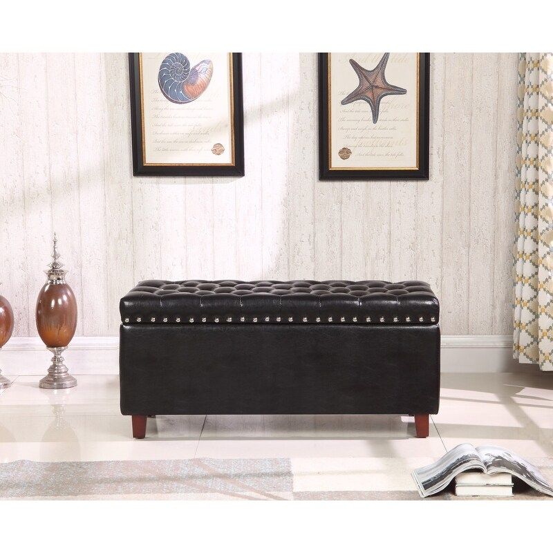 Black Bonded Leather Storage Ottoman Bench