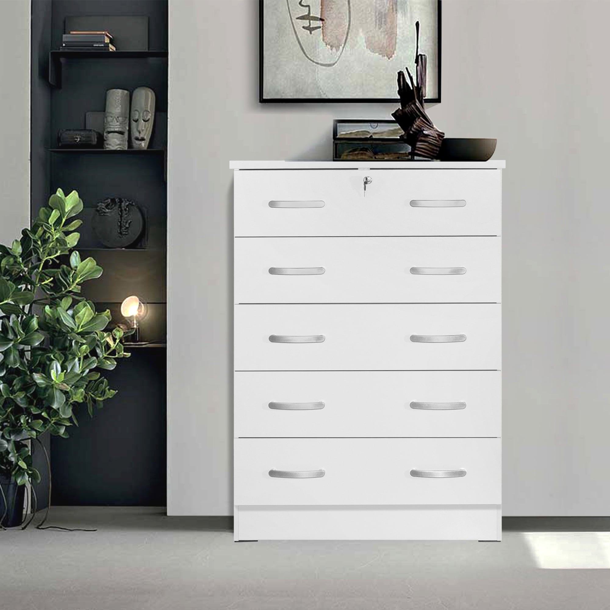 Better Home Products Cindy 5 Drawer Chest Wooden Dresser with Lock in White