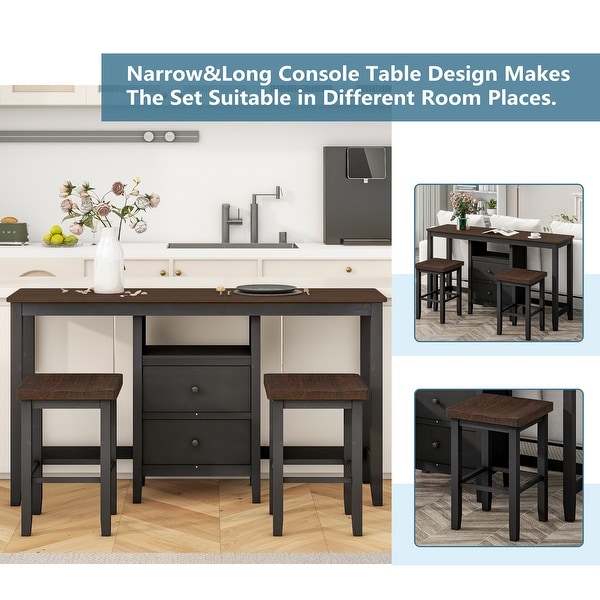 3piece Counter Height Wood Dining Table Set With Cabinet，2 Storage Drawers And 2 Stools