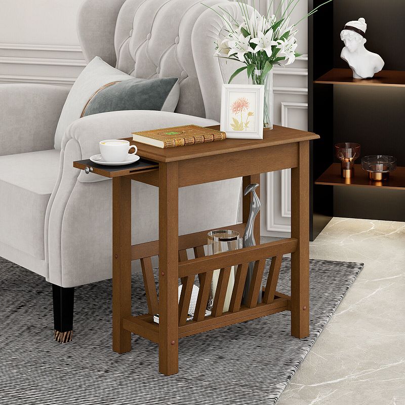 2-Tier End Table with Pull-out Tray and Solid Rubber Wood Legs