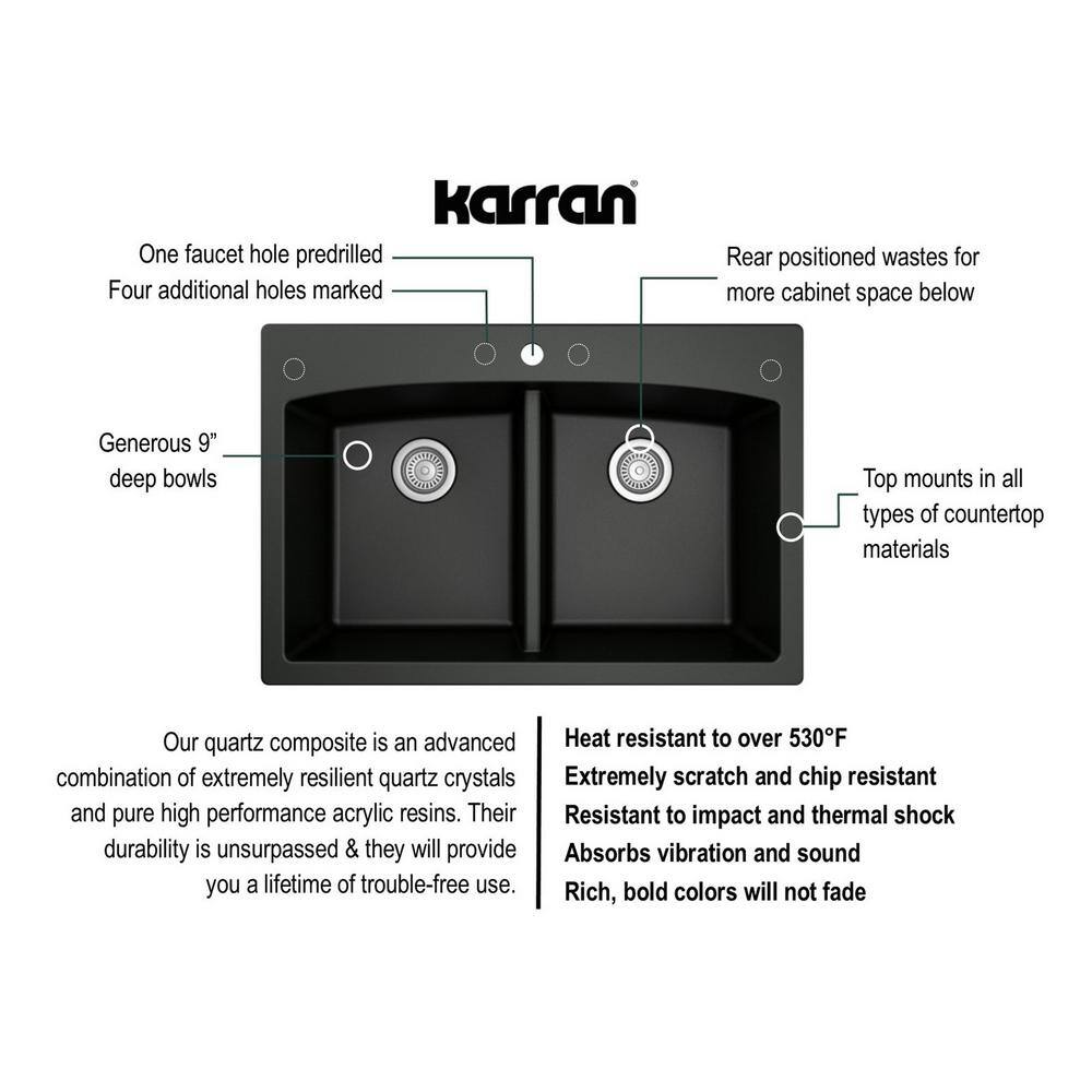 Karran QT- 710 qt. 33 in. 5050 Double Bowl Drop-In Kitchen Sink in Black with Faucet in Stainless Steel QT710BLKKF330SS