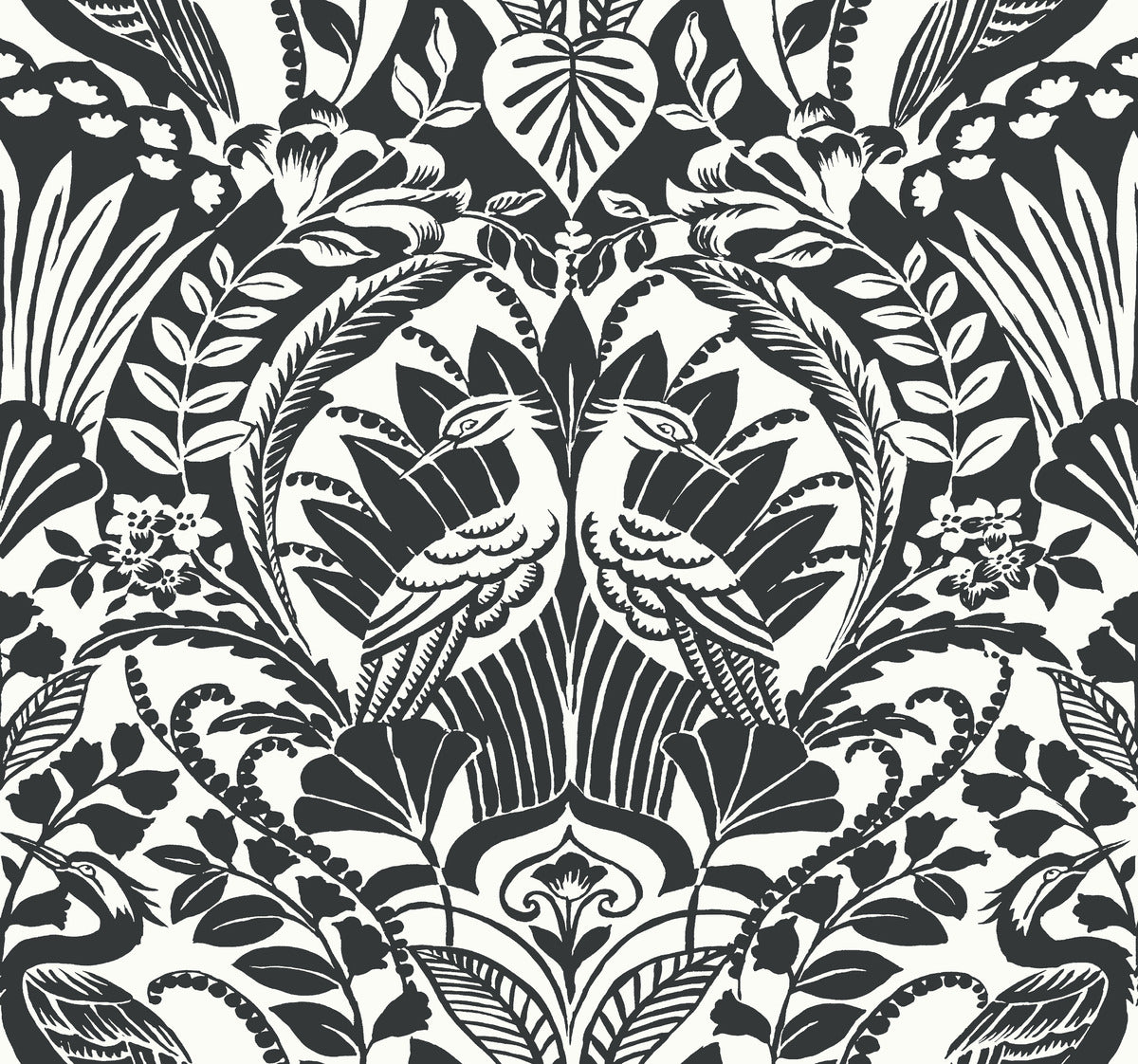 Sample Egret Damask Wallpaper in Black/White from Damask Resource Library