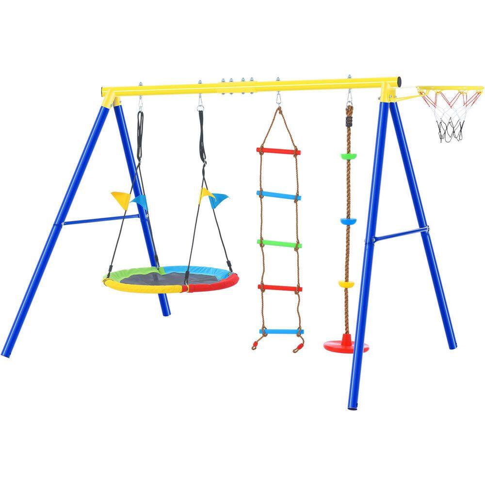 TIRAMISUBEST 4 in 1 Outdoor Swing Set with Climbing Ladder and Basketball Hoop for Kids MSXY296182AAA