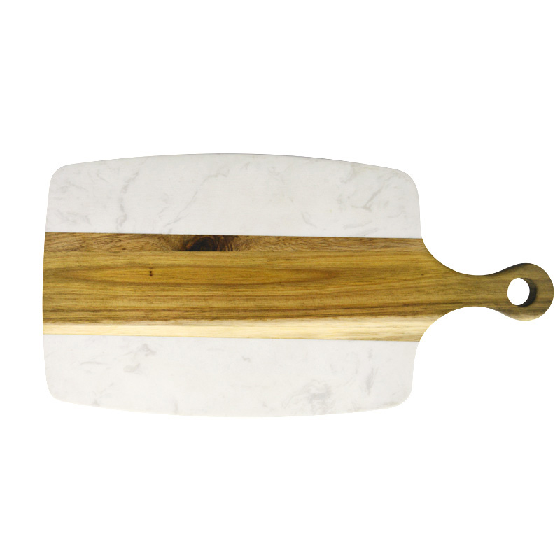 J QUATTUOR Acacia Wood and Marble Cheese Board with Handle， Serving Tray， Charcuterie Platter for Cheese， Fruit， Meat， Sushi