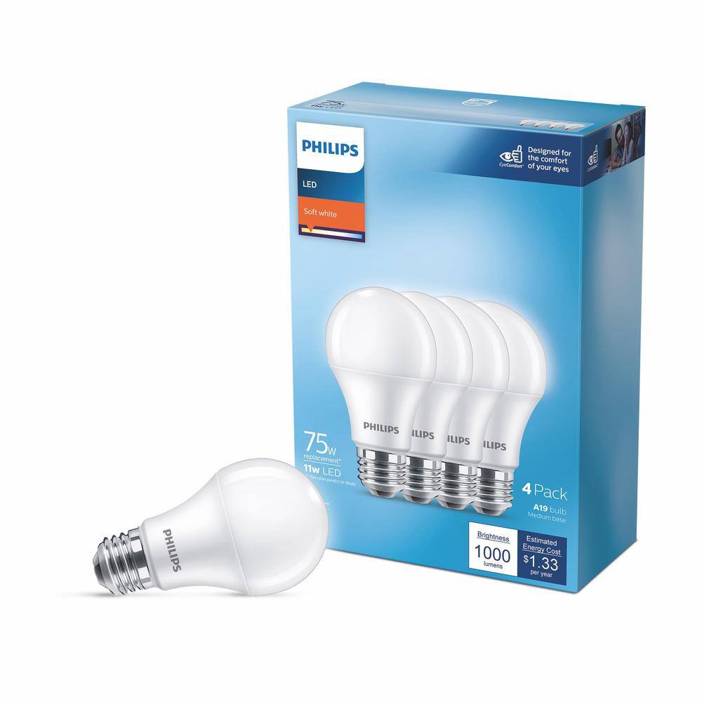 Philips 75-Watt Equivalent A19 Non-Dimmable E26 LED Light Bulb Soft White 2700K 4-Pack 565374