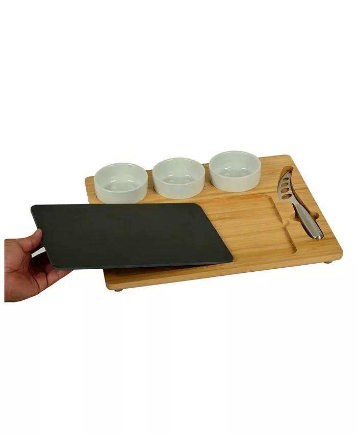 Picnic At Ascot Deluxe Bamboo Slate Cheese Board 3 Bowls Multifunction Knife