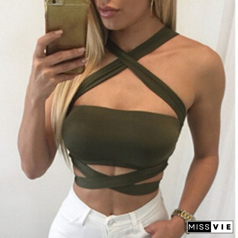 Women Summer Sexy Criss Cross Halter Bandage Crop Top Tank Cut Out Bustier Cami