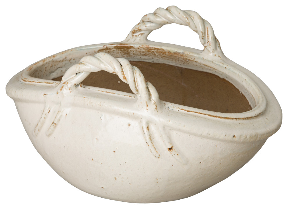 13.5 quotLarge Two Handle Basket  White Glaze   Farmhouse   Outdoor Pots And Planters   by EMISSARY  Houzz