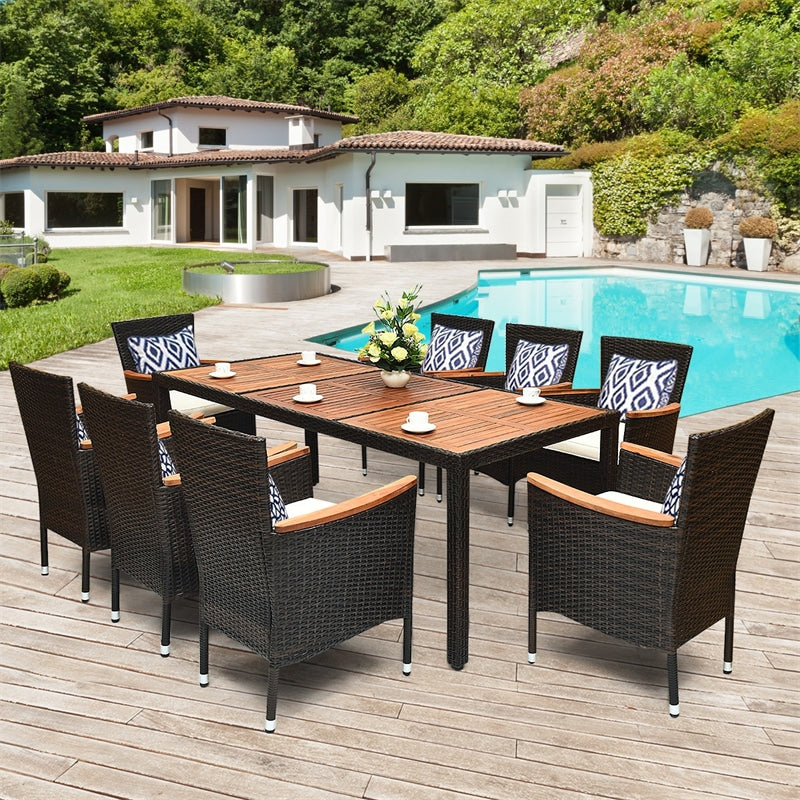 9 Pcs Rattan Patio Dining Set with Acacia Wood Tabletop & Cushioned Stackable Armchairs