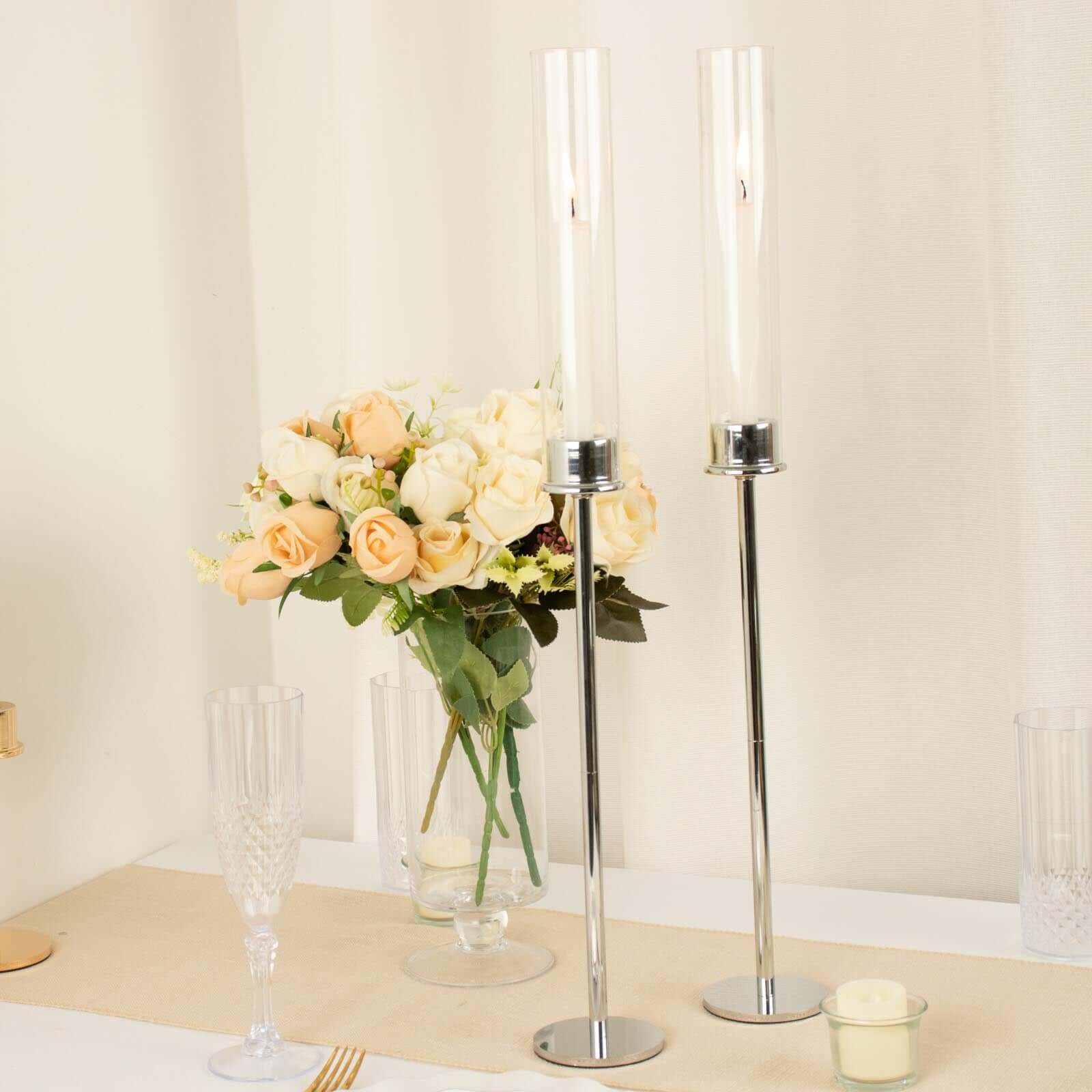 2 Pack Silver Metal Clear Glass Taper Candlestick Holders, Hurricane Candle Stands With Glass Chimney Candle Shades 24