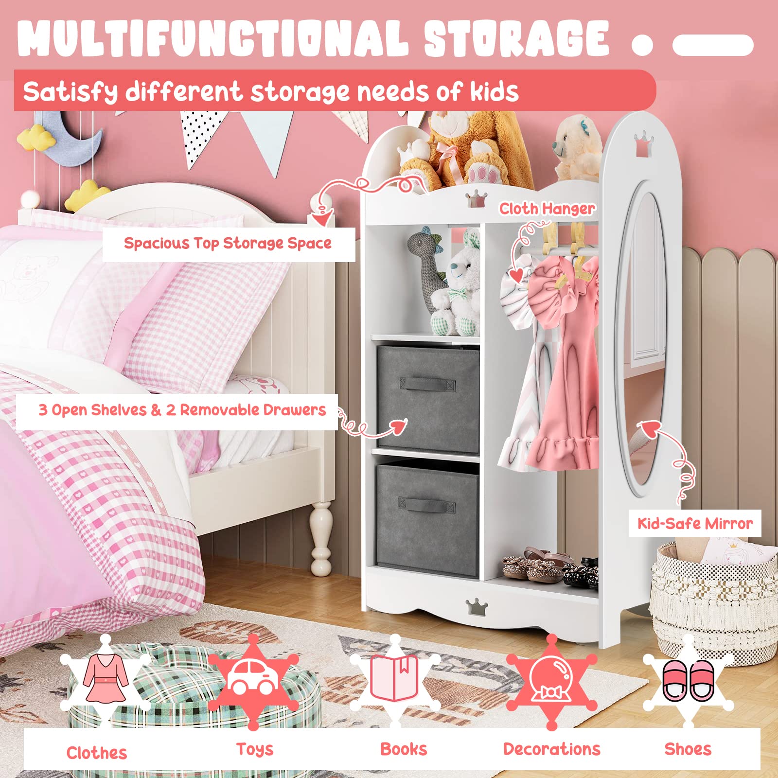 Costzon Kids Dress up Storage W/Mirror, 2 Storage Bins & Cloth Hanger, Costume Closet Wardrobe