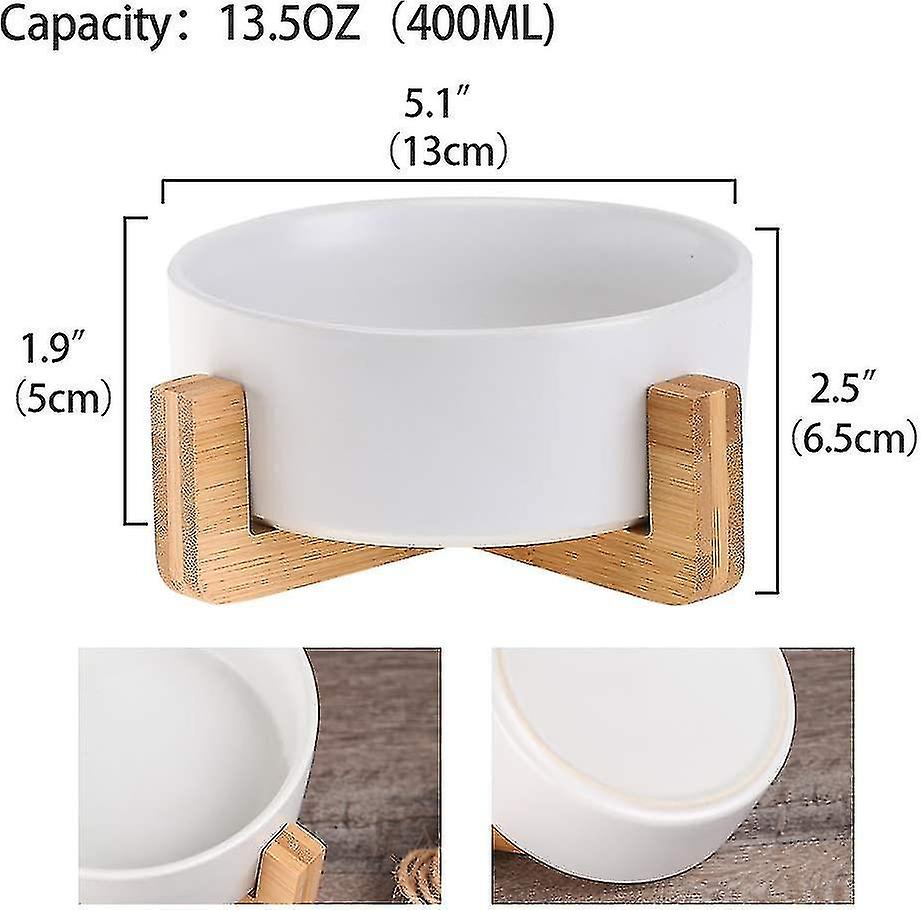 White Pet Dog And Cat Bowls Ceramic Dog Cat Bowls Bamboo Holder - Dishwasher Safe And Easy To Clean