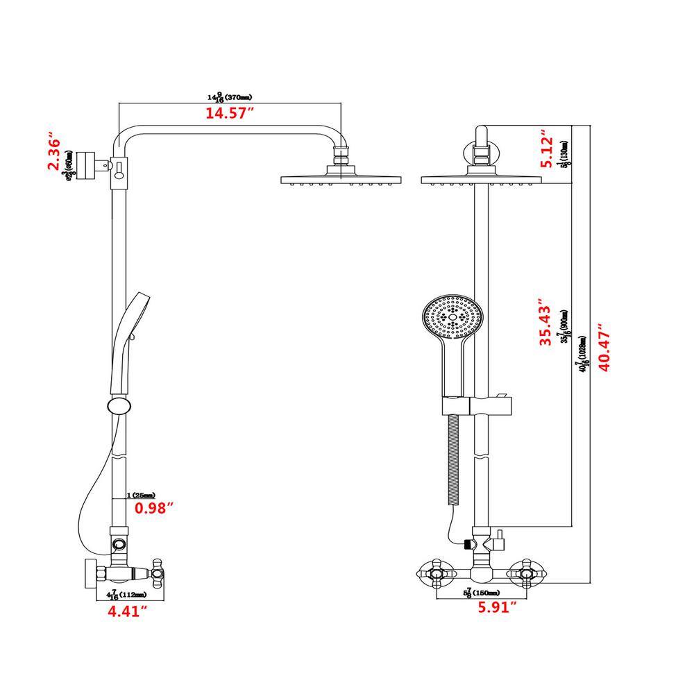 CASAINC Exposed Pipe Shower System with 10 in.Rainfall Shower Head and Handheld Shower in Matte Black CS3952-MB