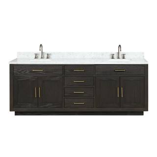 Lexora Condor 84 in W x 22 in D Black Oak Double Bath Vanity Carrara Marble Top and Faucet Set LVCO84DJ101