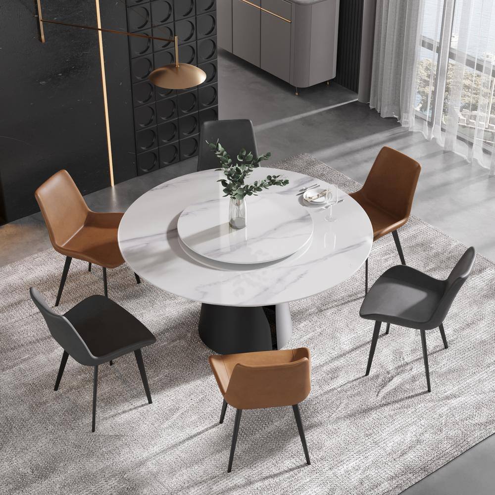 JE Home 59.05 in. White Modern Round Sintered Stone Tabletop Dining Table With Carbon Stainless Steel Base (Seats 8) PVS-DT0141DW150