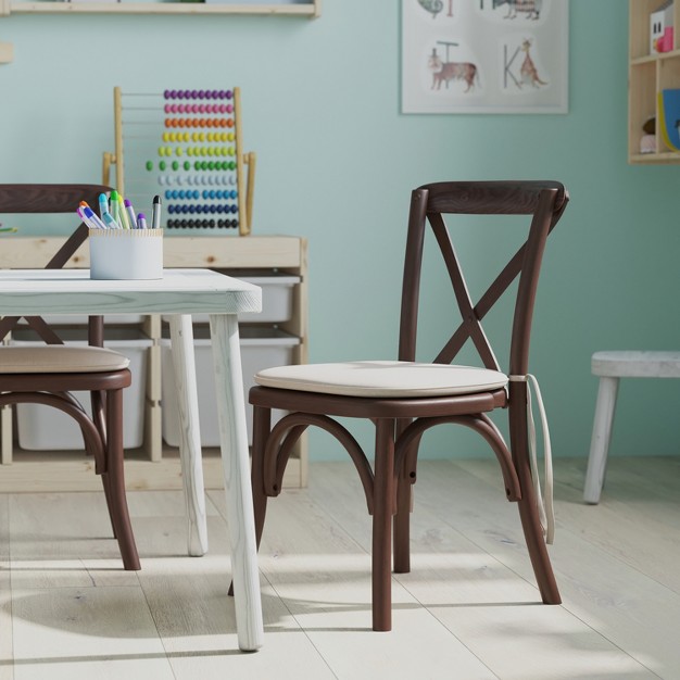 Merrick Lane Kid x27 s Stackable Ash Wood Crossback Chair In A Mahogany Finish With Cushion And Plastic Floor Glides