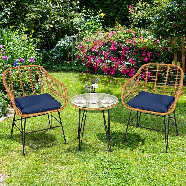 Costway 3PCS Patio Rattan Bistro Furniture Set Cushioned Chair Table