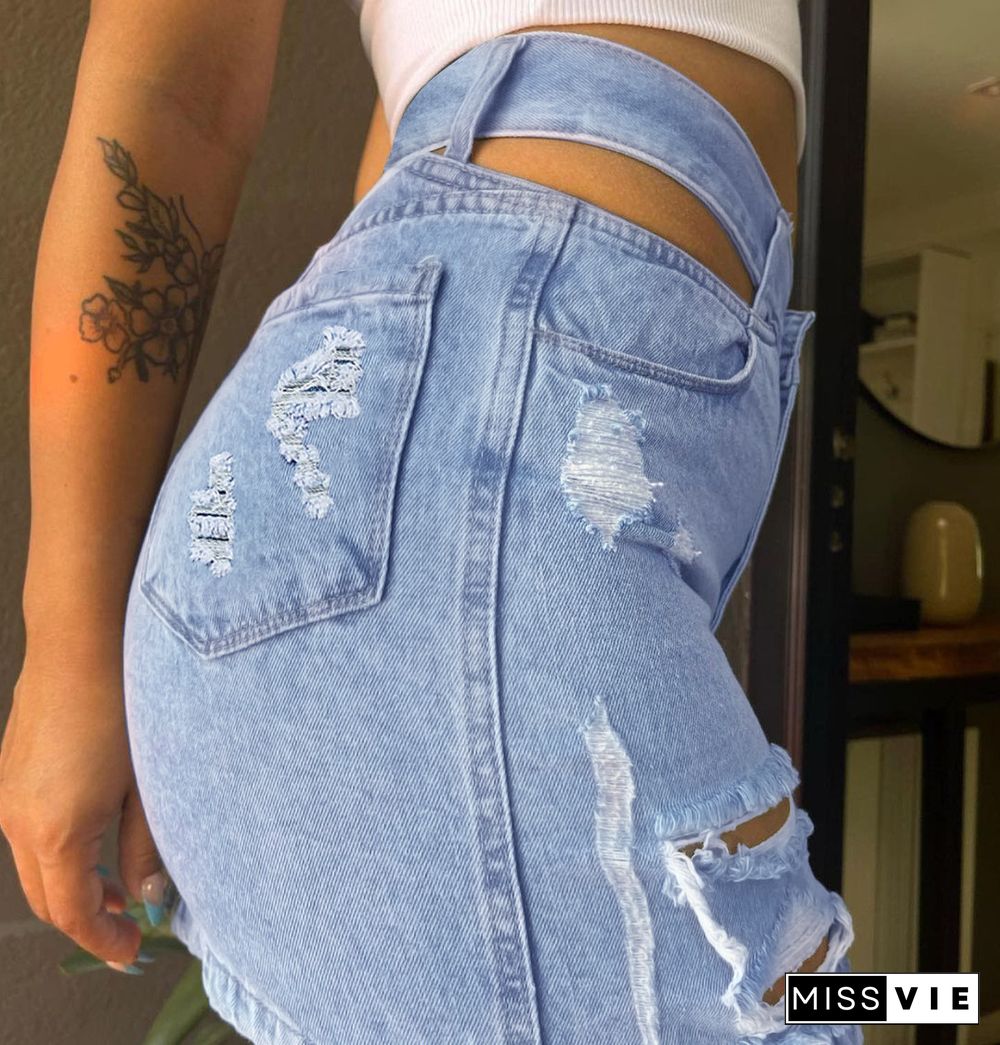 High Waist Slim Ripped Denim Skirt