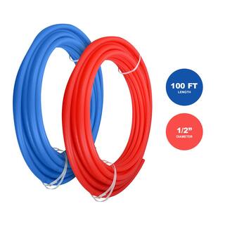 The Plumber's Choice 12 in. x 100 ft. PEX Tubing Plumbing Kit - Crimper and Cutter Tools Tubing Elbow in. Half Clamp - 1 Red 1 Blue KPRB12100N